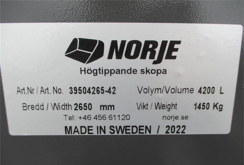 Kuormaajan kauha Volvo HØJTIPSKOVL 4,2 m3 265cm bred og vendbar bolt-on s