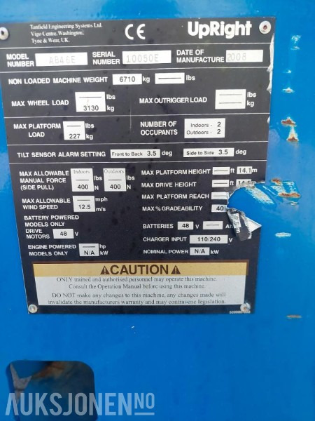 2008 UpRight AB46E bomlift med knekkarm - Arbeidshøyde 16,1 m. - Vekt: 6 700 kg - Timer: 217! - Henkilönostin: kuva 2008 UpRight AB46E bomlift med knekkarm - Arbeidshøyde 16,1 m. - Vekt: 6 700 kg - Timer: 217! - Henkilönostin 2008 UpRight AB46E bomlift med knekkarm - Arbeidshøyde 16,1 m. - Vekt: 6 700 kg - Timer: 217! - Henkilönostin: kuva 2008 UpRight AB46E bomlift med knekkarm - Arbeidshøyde 16,1 m. - Vekt: 6 700 kg - Timer: 217! - Henkilönostin
