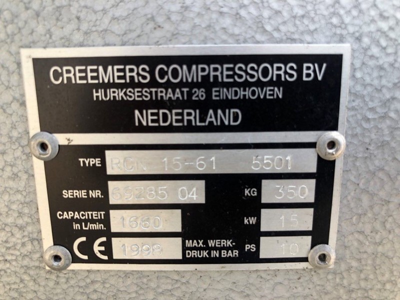 Creemers RCN 15-61 15 kW 1660 Liter/min 15 bar schroefcompressor - Ilmakompressori: kuva Creemers RCN 15-61 15 kW 1660 Liter/min 15 bar schroefcompressor - Ilmakompressori Creemers RCN 15-61 15 kW 1660 Liter/min 15 bar schroefcompressor - Ilmakompressori: kuva Creemers RCN 15-61 15 kW 1660 Liter/min 15 bar schroefcompressor - Ilmakompressori