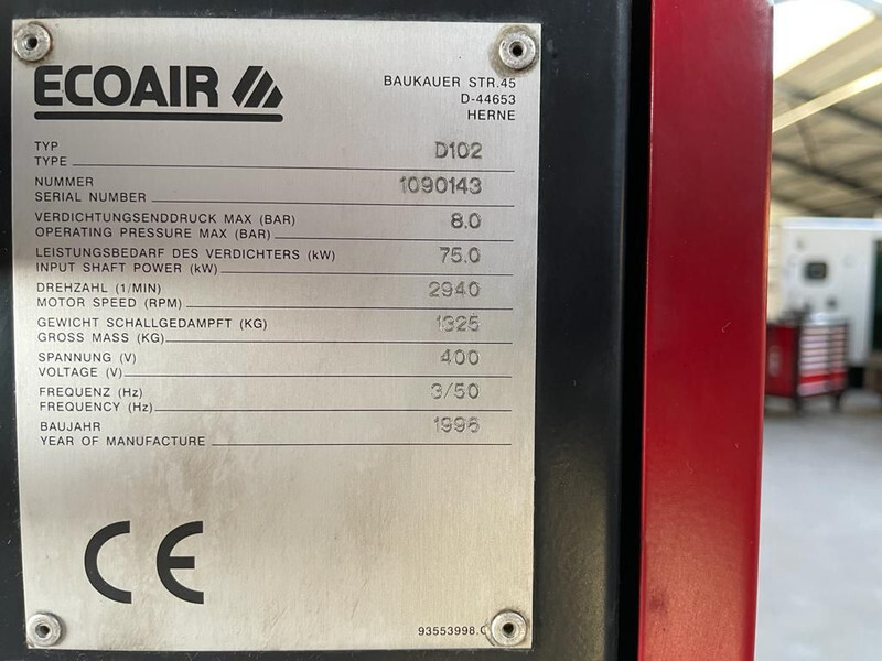 Ecoair D102 Elektrische Schroefcompressor 75 kW 10.000 L / min 8 Bar - Ilmakompressori: kuva Ecoair D102 Elektrische Schroefcompressor 75 kW 10.000 L / min 8 Bar - Ilmakompressori Ecoair D102 Elektrische Schroefcompressor 75 kW 10.000 L / min 8 Bar - Ilmakompressori: kuva Ecoair D102 Elektrische Schroefcompressor 75 kW 10.000 L / min 8 Bar - Ilmakompressori