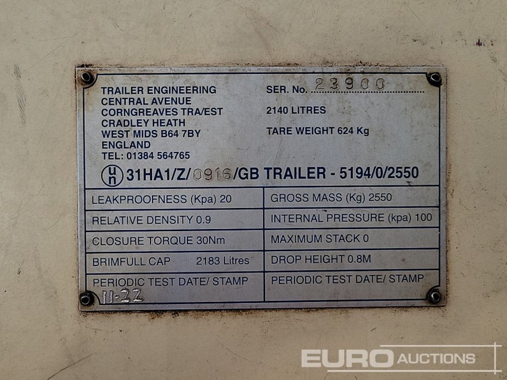 Varastosäiliö Trailer Engineering 2183 Litre Single Axle Bunded Fuel Bowser, Electric Pump, Flow Meter: kuva Varastosäiliö Trailer Engineering 2183 Litre Single Axle Bunded Fuel Bowser, Electric Pump, Flow Meter